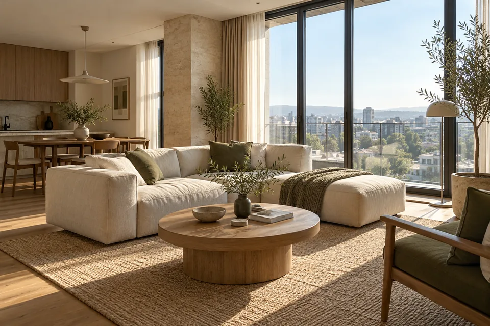 A contemporary private apartment living room with timber finishes, comfortable seating, books and daylight.