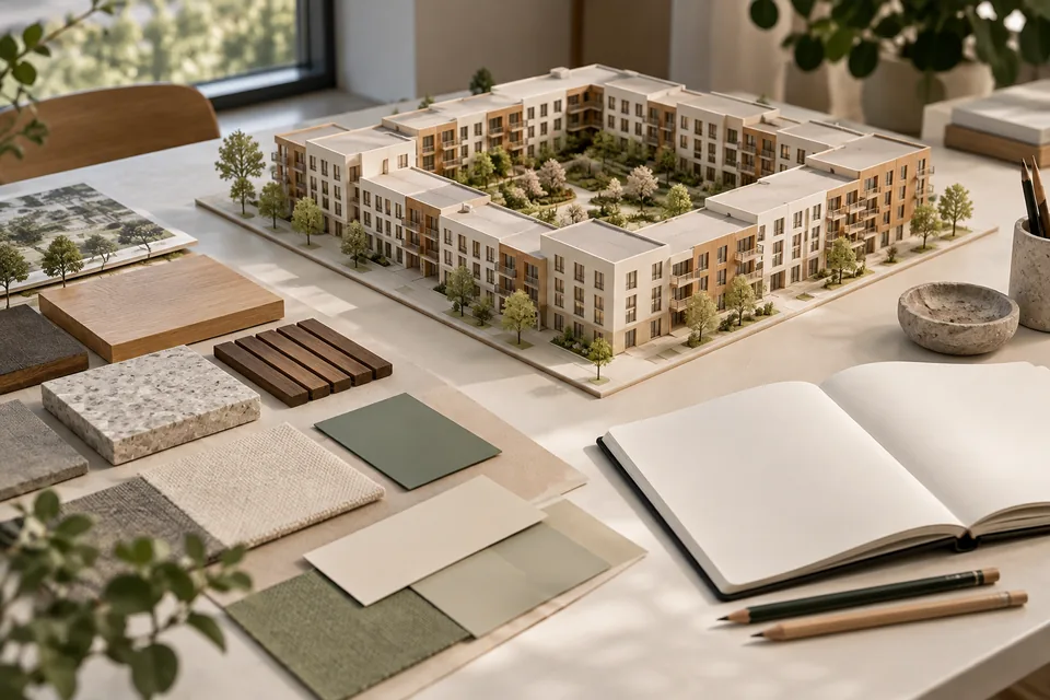 An unbranded courtyard-building study model beside material samples, pencils and a blank notebook.