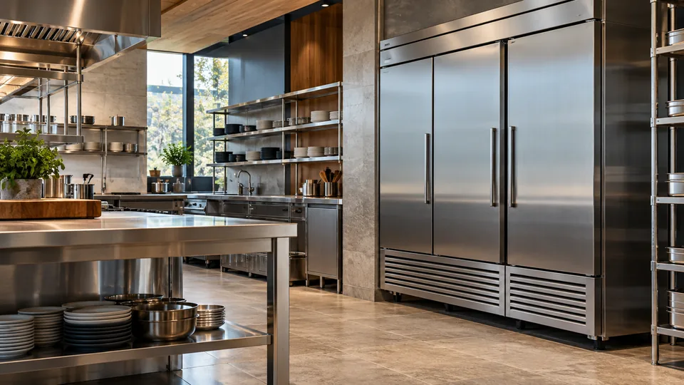 Commercial refrigeration units and preparation counters in a generic hospitality kitchen.