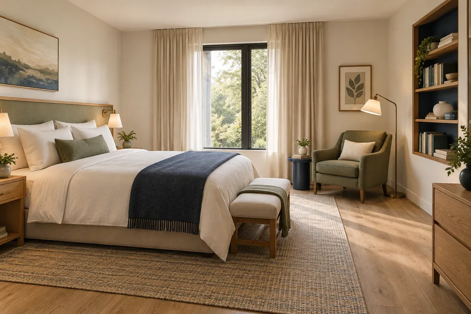 Comfortable television-free guest room with a wall library, reading light and seating area.