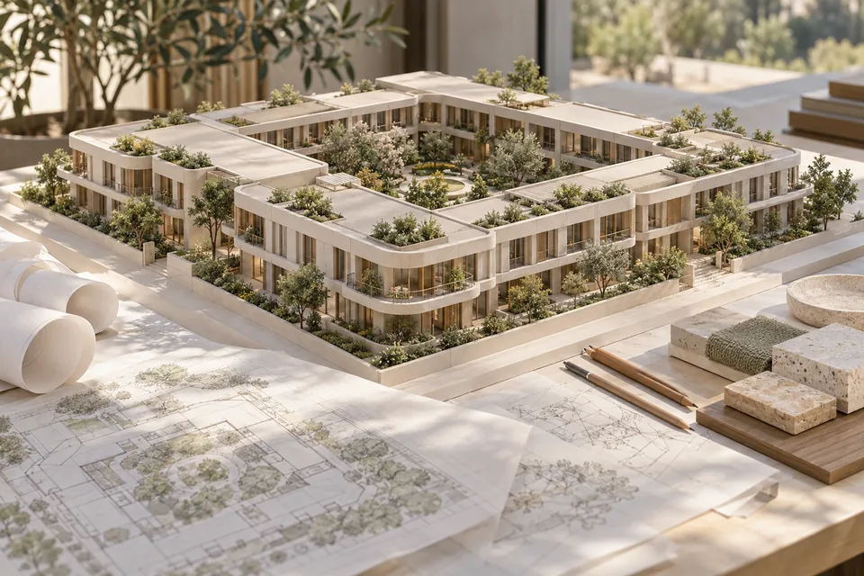 Architectural worktable with a physical model of a proposed courtyard-ring residence and design materials.