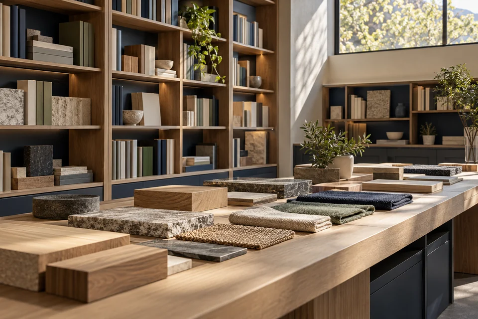 A quiet studio with reference books and unlabelled material samples arranged for consideration.