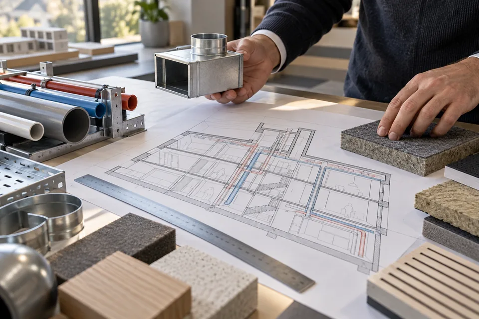 Technical planning materials with utility components, material samples and an unlabelled section drawing