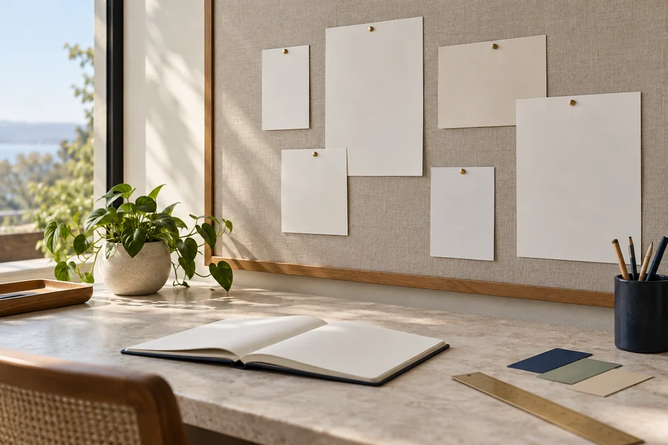 An unmarked planning wall and open notebook representing questions still to be assessed.