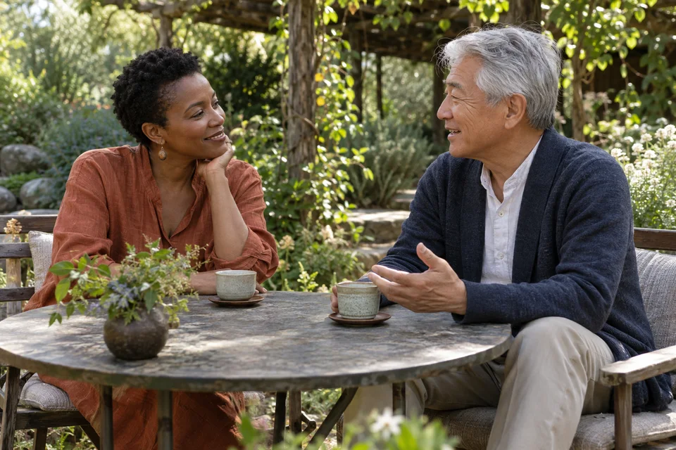 Two adults sharing a relaxed conversation at a small table in a planted garden.