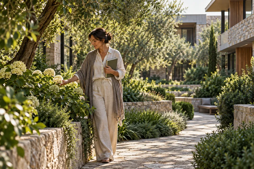Adult guest taking a quiet moment on a planted garden path within a proposed courtyard resort setting.