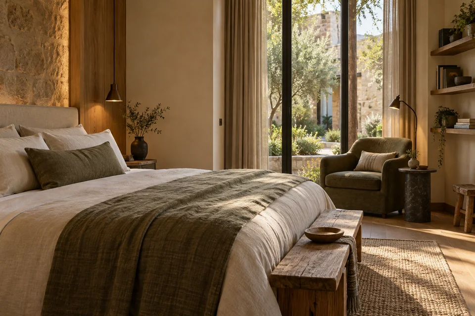 A television-free private room with a wall-mounted reading library, focused reading light and comfortable seating beside a courtyard window.