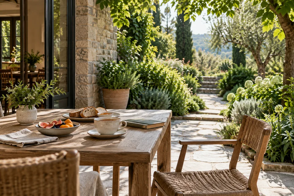 An unhurried breakfast table with tea, fruit and a book opening onto a quiet garden path.