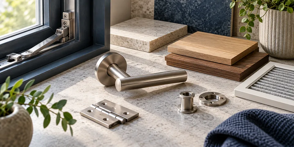 Durable window hardware, timber finish samples and ventilation fittings arranged for property-care planning.
