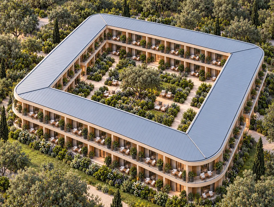 Illustrative courtyard resort concept representing the development behind the proposed investment case.