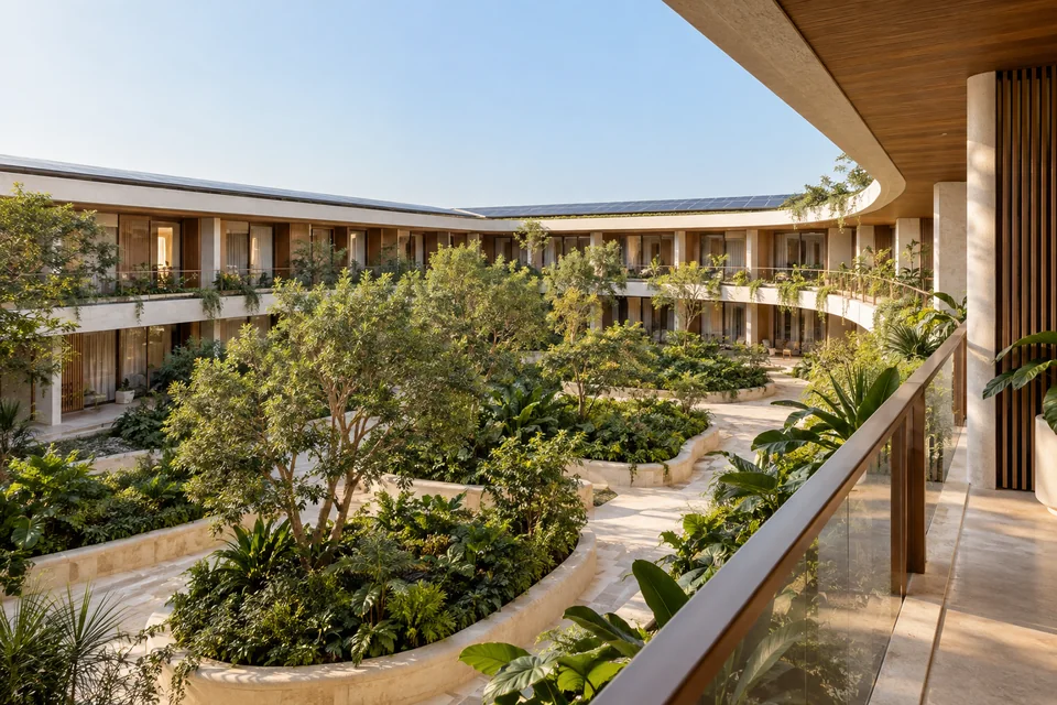 View from a balcony across a planted courtyard toward two-storey residences with continuous balconies and a shared roofline.