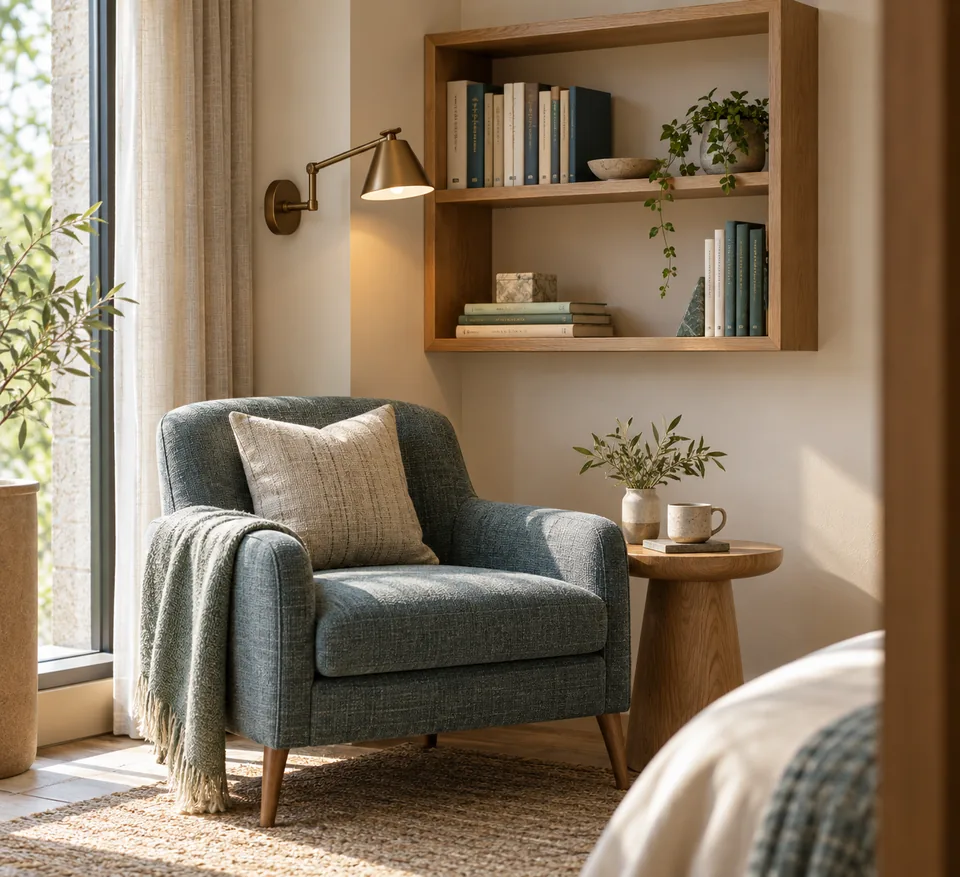 Close view of a comfortable reading chair beside a small wall library and adjustable reading light.