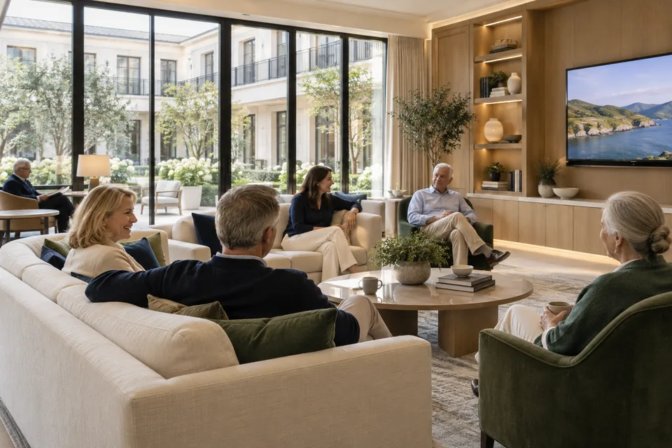 A shared lounge with comfortable seating arranged for optional films, news and sports on a designated screen.