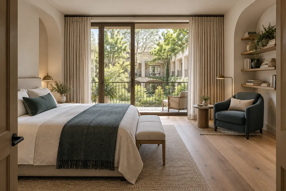 View of a private guest room with a comfortable bed, a reading chair, a small wall library away from the bedhead and a courtyard-facing balcony. No television is shown.