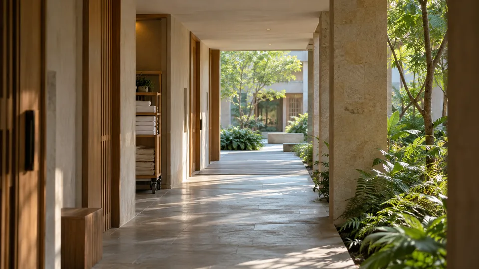 A quiet guest corridor opening to a planted courtyard, with folded linens tucked into a side alcove in soft morning light.
