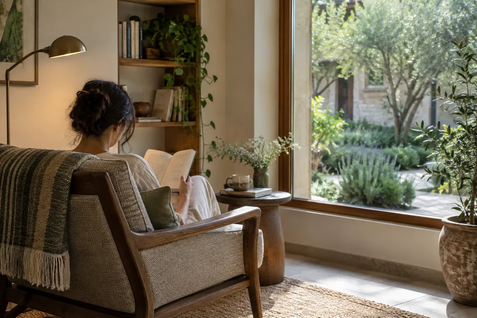 An adult seen from behind reading in a comfortable chair beside a garden-facing window and small bookshelf.