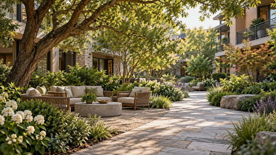 Shaded garden seating and a gentle courtyard path among planting and low-rise residential balconies.