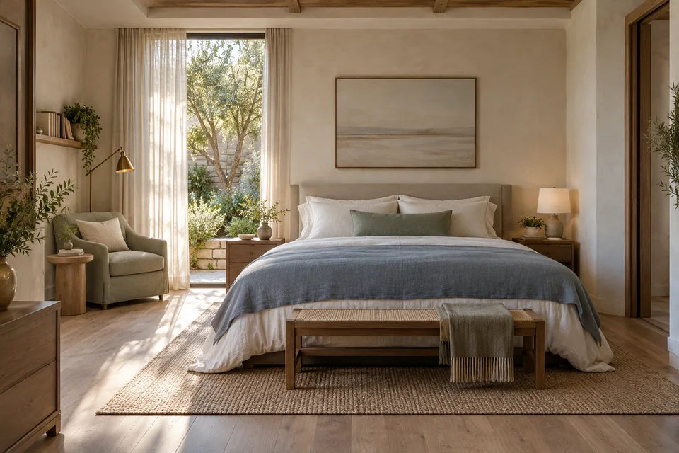 A calm, television-free bedroom with a centered bed and a separate reading chair, wall bookshelf and lamp.