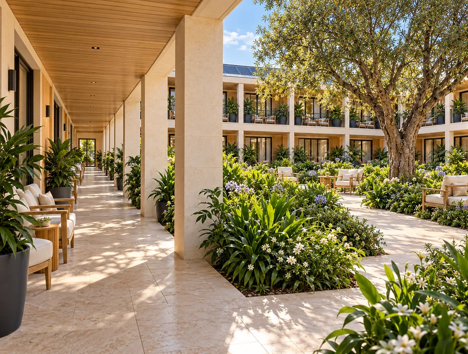 A quiet covered courtyard walkway framed by greenery and residential balconies.