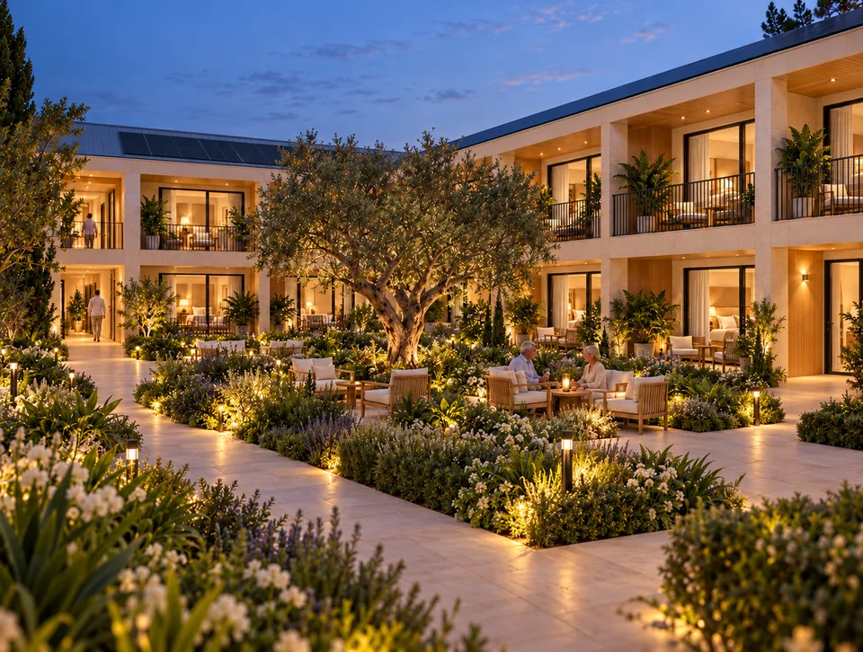 Evening view along a softly lit resort garden path.