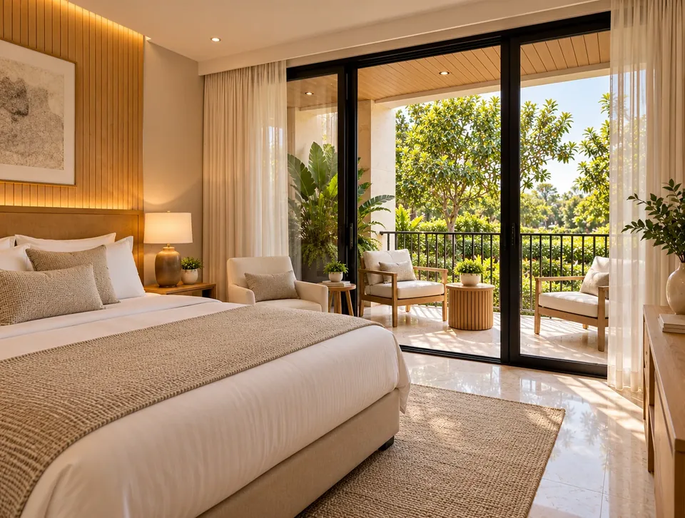 A peaceful bedroom with a private garden balcony.