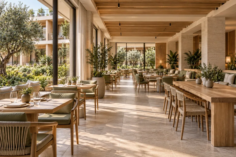 A calm shared dining room with a mix of small and communal tables, timber finishes and views onto a planted courtyard.