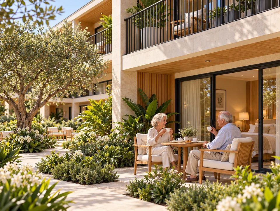 Adults enjoying a meal together in a quiet courtyard setting.