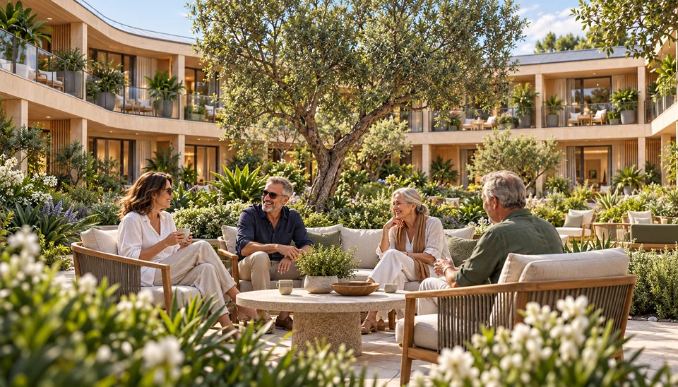 Adults sharing an outdoor conversation in a planted courtyard beside connected residential balconies.