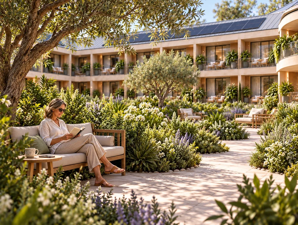 A reader in a shaded resort courtyard beside the proposed residential building and shared roof concept.