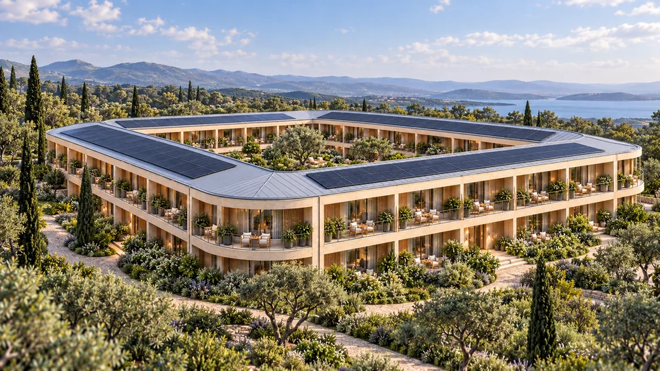 Wide view of a two-storey courtyard-ring residence with four connected wings, rounded balconies, solar-ready roof and a planted open courtyard.