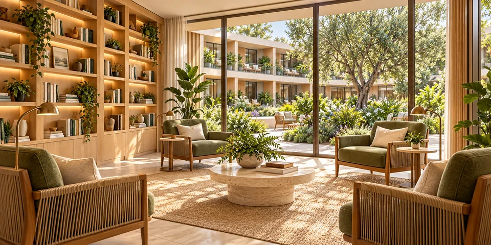 Proposed shared reading lounge with wall bookshelves, comfortable chairs, reading lamps and a courtyard view.