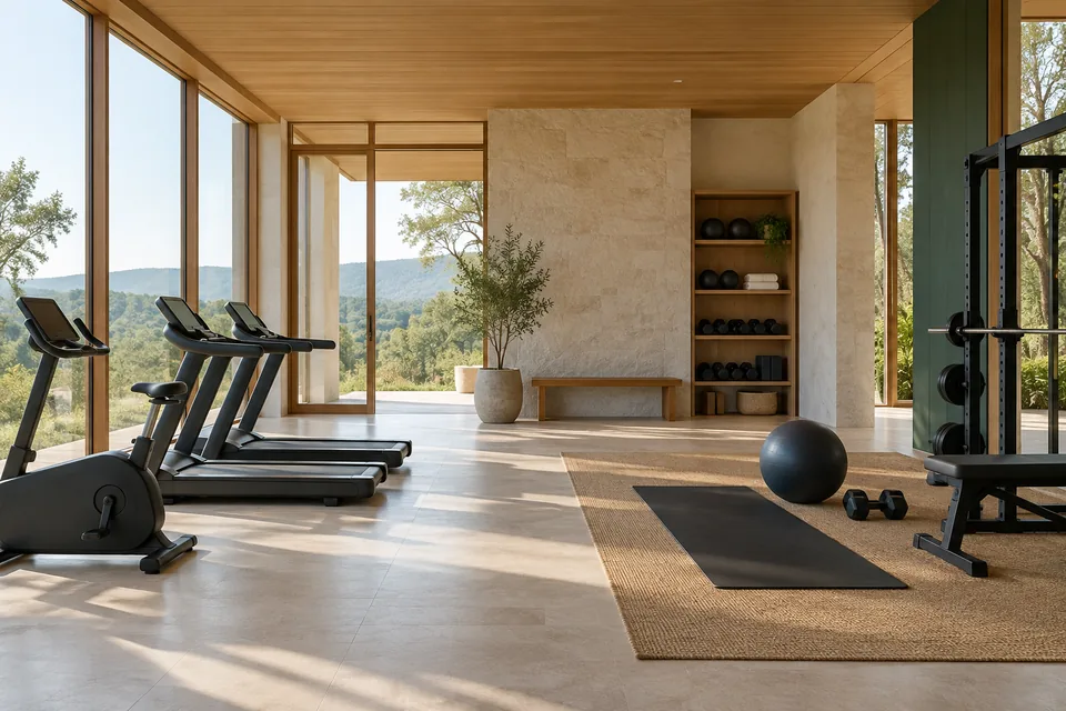 View of a modest, naturally lit exercise room with a considered selection of basic gym equipment.