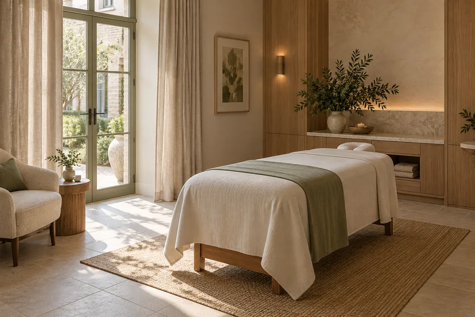 View of a calm relaxation appointment room, furnished for optional massage without medical equipment.