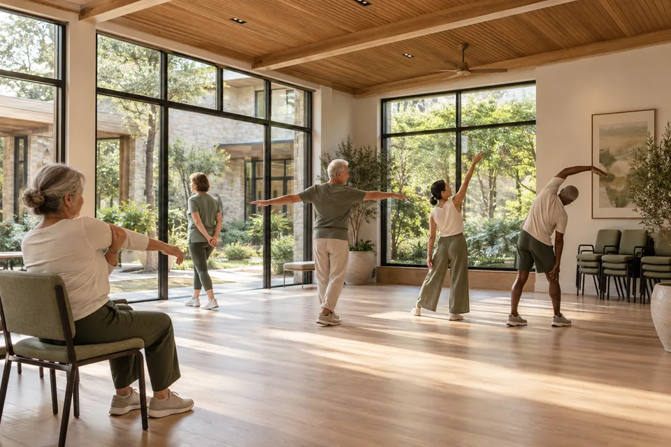 Adults of varied ages taking part in a gentle standing movement session in a flexible studio.