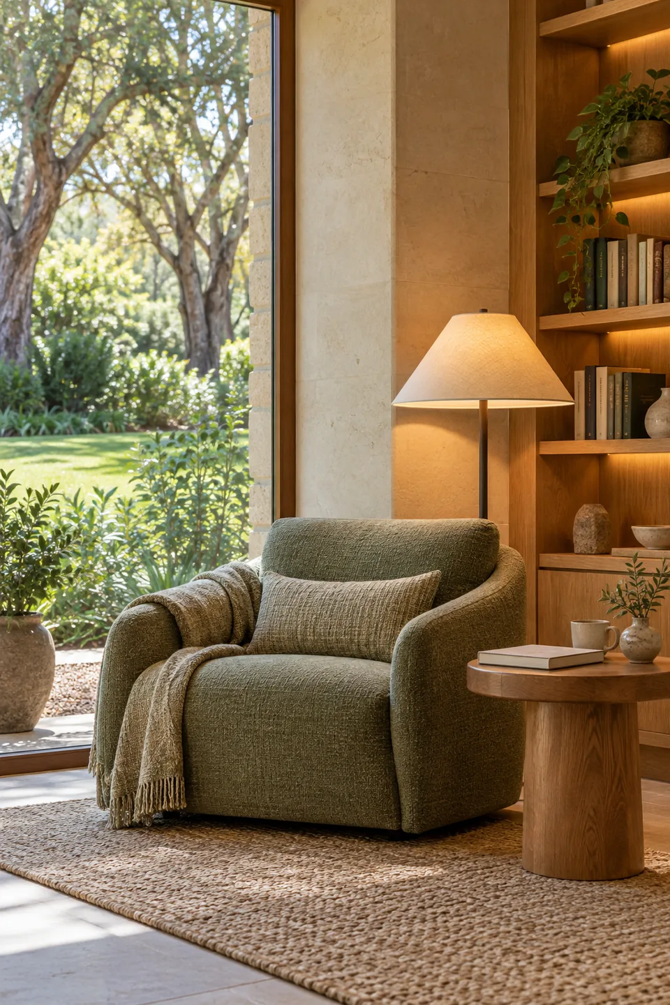 A quiet reading chair with a lamp and small bookcase beside a leafy garden view.