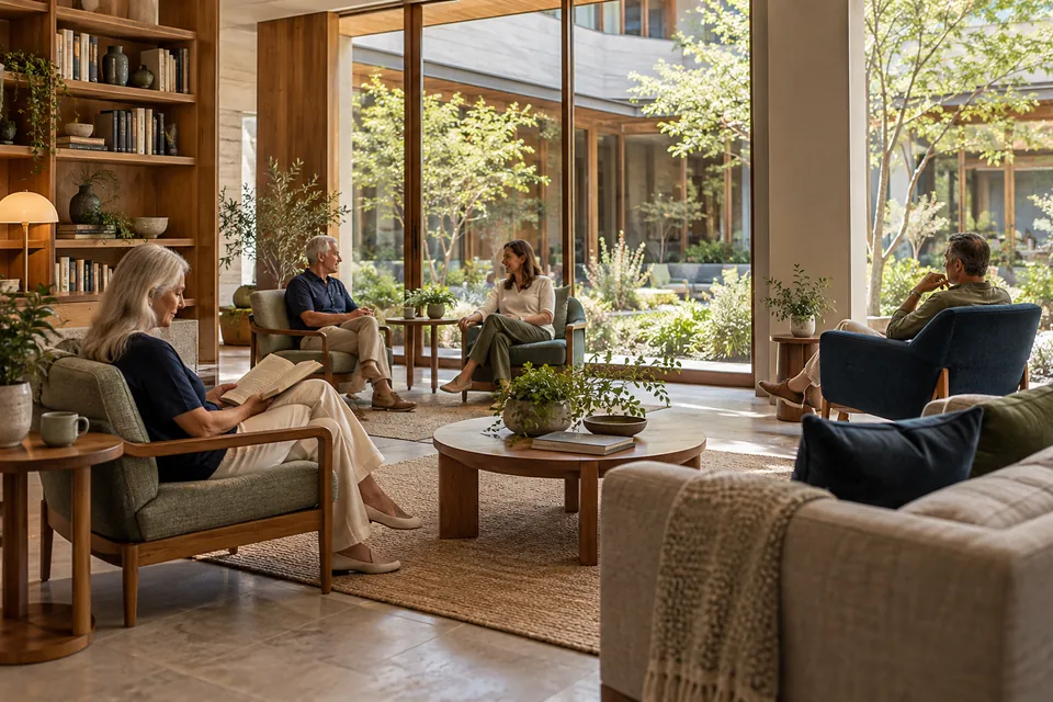 Adults reading and talking quietly in a comfortable shared lounge beside a planted courtyard.
