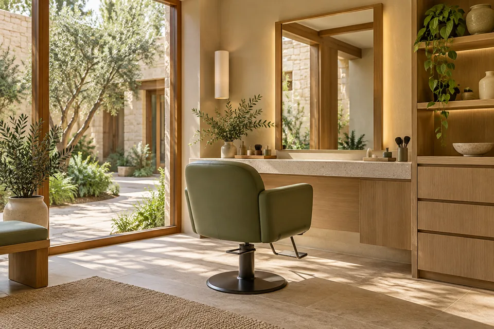 View of a proposed salon and personal-care space with a styling chair, mirror and simple work surfaces.