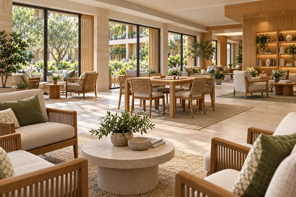 A welcoming shared lounge with conversational seating, a board-game table and windows onto a planted courtyard.