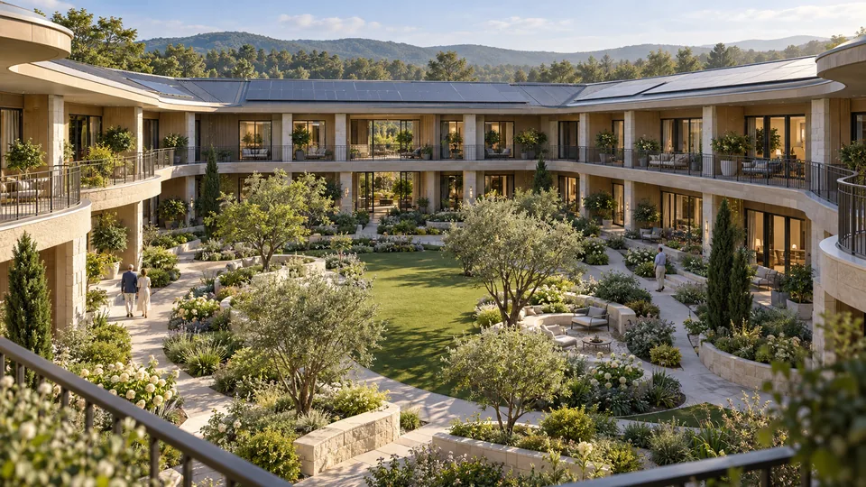 View of adults sharing a planted courtyard in a substantial two-storey residence arranged as a closed ring.
