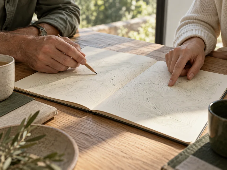 A blank notebook and unmarked site plan on a table, representing a starting point for a conversation about the proposal.