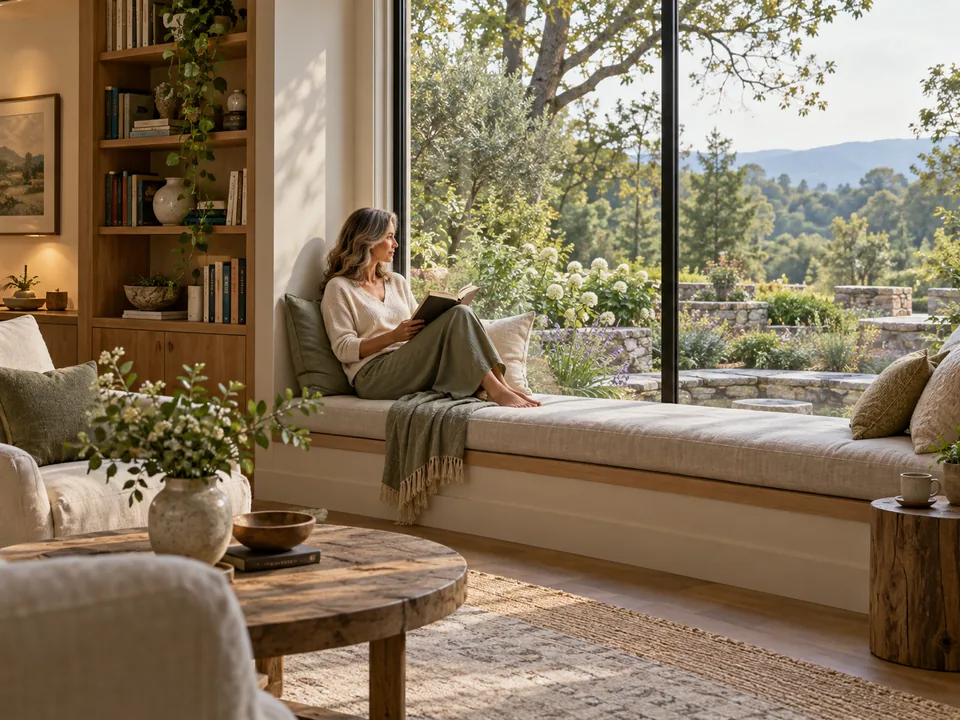 Adult reading in a quiet window seat beside a garden view.