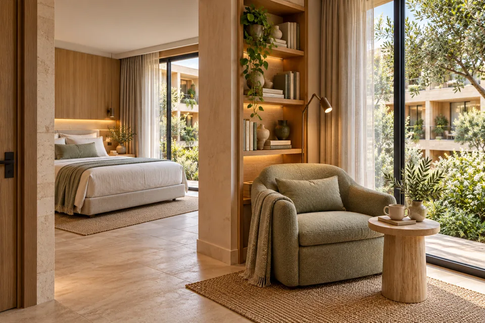 A private room concept with a small wall library and comfortable seating, illustrating details that need care over time.