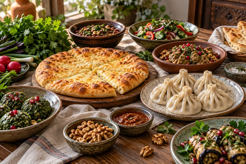 Illustrated Georgian dishes including cheese bread, dumplings, herbs and walnut dishes.