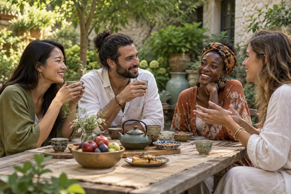 Illustrated gathering of adults from different backgrounds sharing tea in a garden; no Willfred guests are depicted.
