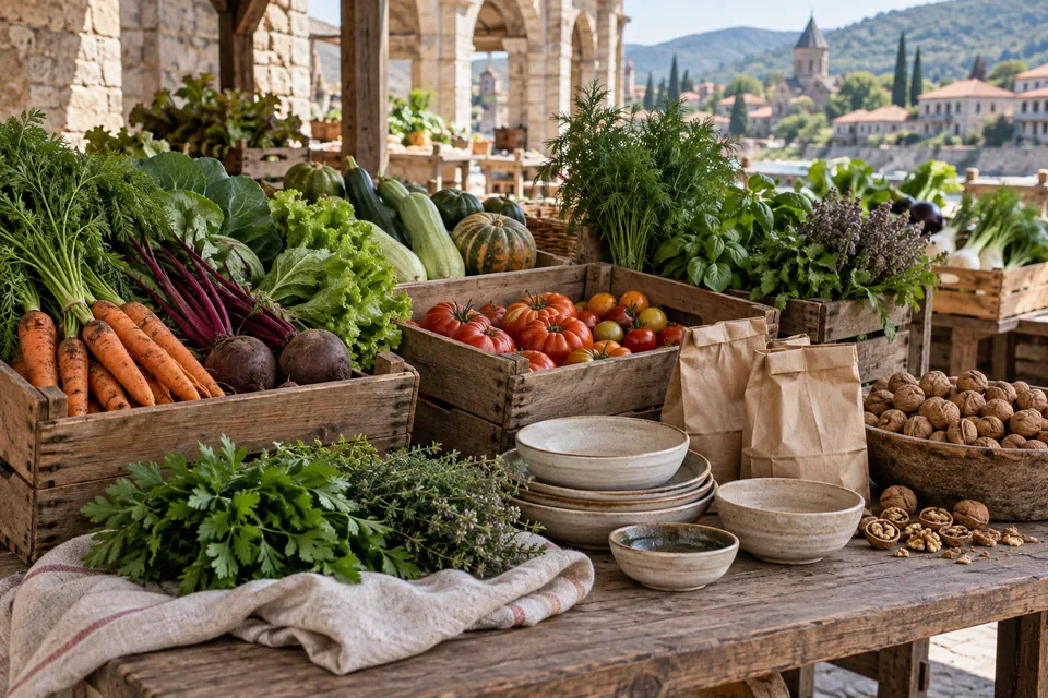 Illustrated still life of seasonal vegetables, herbs and walnuts; no supplier or business is represented.