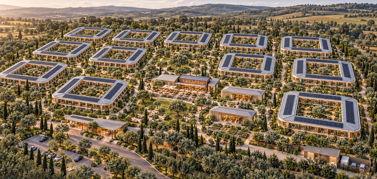 Aerial view of courtyard-ring residences, shared dining and recreation buildings, gardens and connected paths.